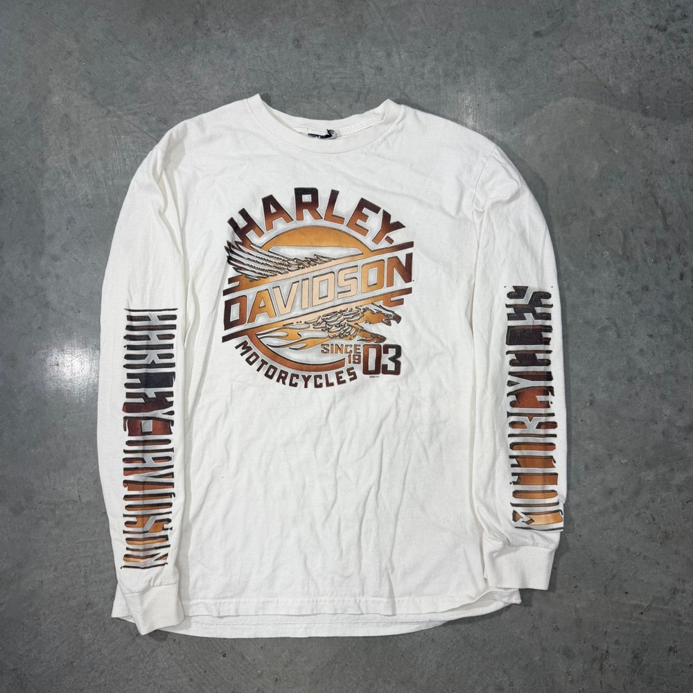 Harley Davidson Michigan City Indiana Long Sleeve White Graphic Tee Shirt Mens